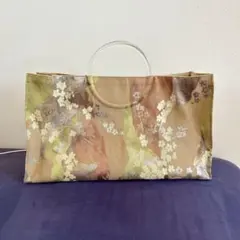 リング持ち手の帯リメイクバッグ ハンドバッグ ベージュ 花柄 袋帯 着物