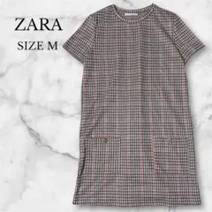 ザラ　ワンピース　チュニック　半袖　チェック柄　クルーネック　ポケット　ブラウン