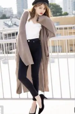 【超美品】GRL ダークグリーン リブ編み スリット入りロングカーディガン