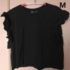 ZARA フリル付きブラックノースリーブTシャツ★新品未使用