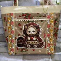 白ねこちゃん☆ころりんサコッシュ デニム風ハートプリント 赤ずきん