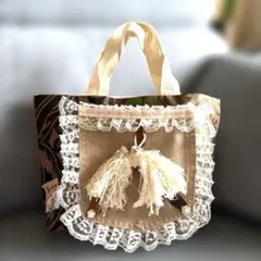 生成りキャンパス地トートバッグハワイアン生地ポケットタッセル付きNo.76
