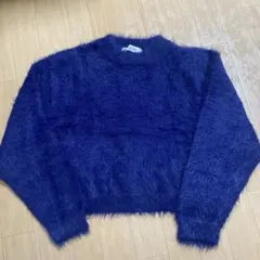 エムズエキサイト 美品 ファー風 長袖ニット ネイビー ブルー ショート丈 冬