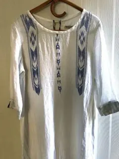 JEAN MASSAUSリネン刺繍入りホワイトシャツ 五分袖