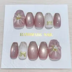 ピンクマグネットのぷっくりフラワーネイルチップ　-ショートバレリーナ-