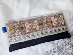 大人可愛い インド刺繍×ヌビ フラットポーチ ハンドメイド（A599