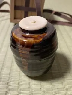 ☆茶道具！膳所焼 陽炎園 尻膨 茶入！遠州市松宝！共箱/仕覆！