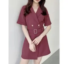 バーガンディ 半袖 ミニワンピース ベルト付き