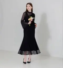 【LEJA】ハイネックレース刺繍長袖パフスリーブフレアプリーツ袖 バッグセット