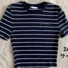 ZARA ボーダー ネイビー ホワイト tシャツ リブ 半袖 クロップド