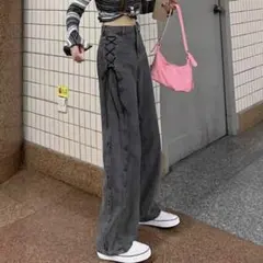 サイドレースアップ デニムパンツ グレー
