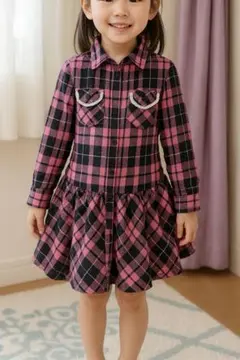ピンク系チェック ニットワンピース
