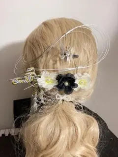 黒✖️白花卒業式　入学式　振袖　前撮り　結婚式　水引エレガントなフラワーヘアピン