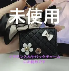 黒　イヤホン入れ　バックチャーム　キーケース　未使用　かわいい　リボン　お花のサムネイル