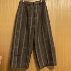 美品テチチ茶系チェックワイドパンツ　毛４０%