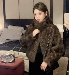 フェイクファーファーコート　ブラウン　ゴールドボタンSサイズ