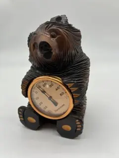 木製クマの置物 アナログ温度計付き