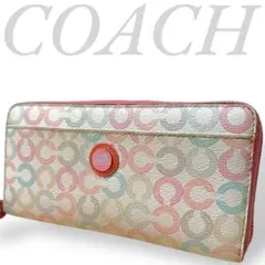 美品　コーチ　長財布　オプアート　ラウンドファスナー　PVC 札入れ　ピンク