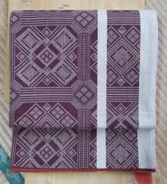 名古屋帯 茶と白の幾何学模様　刺し子風　お正月