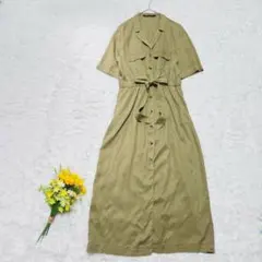 【ザラ】ZARA　シャツワンピース 半袖　M　オリーブ色　ロング　半袖