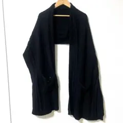 黒 ケーブル編み ショール ポケット付き　マフラー　ウール　アンゴラ　美品