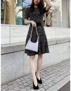 eimy ハーフスリーブフレアーツイードニットワンピース