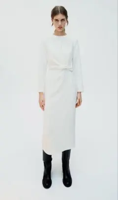 ZARA ノットクレープミディワンピース　L 　ホワイト