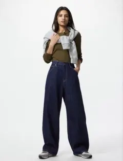 UNIQLO バギーカーブジーンズ丈短め NAVYサイズ24 股下65㎝に補正