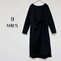 裏起毛 スウェットワンピース 膝丈 胸元ドレープ しぼりデザイン 黒 【9】