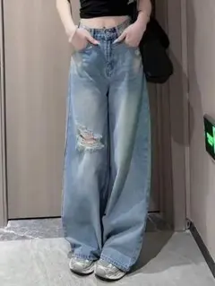 SHEIN ヴィンテージブルーデニム ワイドレッグ ハイウエスト ストレート