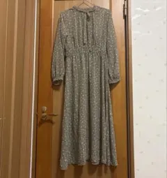 花柄 長袖 ロングワンピース リボン