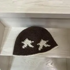 【手編み】ビーニー•クラッシャーハット•クロシェハット（星柄）