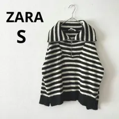 ザラ▶ハーフジップニット S 黒×白 ボーダー ドロショル ゆったり