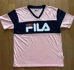 FILA VネックTシャツ M ピンク/ネイビー