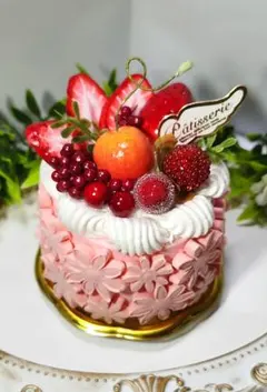 フェイクスイーツ　フルーツトッピングの花柄ピンクタルトケーキ♥