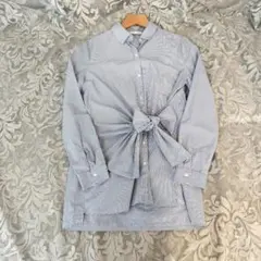 ZARAザラ　長袖シャツ　ウエストリボン　ストライプリボン　花柄刺繍　ブルー