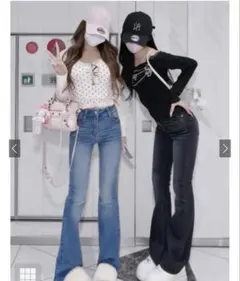 ハイウエストフレアデニムパンツ ブラック Sサイズ（cu498)