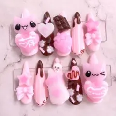 ꒰ 現品 ꒱量産型 平成女児 萌甘にゃんこ♥チョコ いちごみるくネイルチップ
