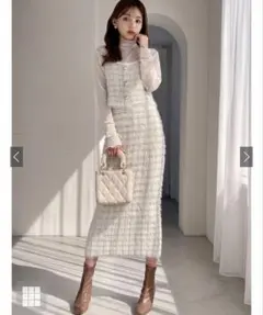 シャギーニットチェック柄トップスXタイトスカート【dr491】