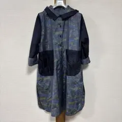 大島紬手縫いリメイクフード付きロングコート