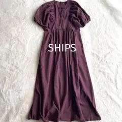 SHIPS シアサッカー レースアップ ギャザー ワンピース ボルドー