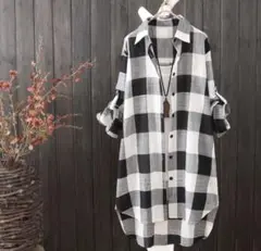 ラスト1点　チェックシャツ　ロングシャツ　レディース　白、黒 Lサイズ