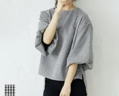 【coca】ギンガムチェック柄 バルーンスリーブ ブラウス Ｍ