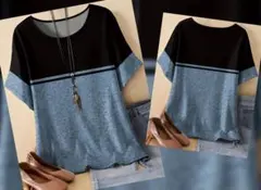 レディース・オーバーサイズ/半袖トップス【紺✕青・３ＸＬ】新品