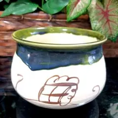 美品　茶道具　織部焼　緑釉　手描き　建水　在銘あり