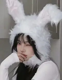 ウサギの耳付き帽子　白　女性用