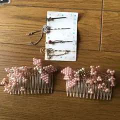 ピンクのリボンとパールのヘアアクセサリーセット