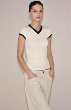 ZARA スリムフィット 90%レーヨン　ソフト　コントラストリブTシャツ