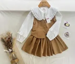 No.ST2414ハンドメイド女の子可愛いブラウン　ベスト　スカート　3点セット