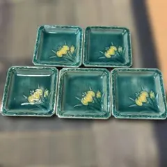 昭和レトロ 陶器製 銘々皿 5枚セット 深緑 花柄のサムネイル